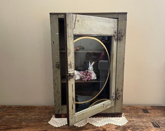Antique Art Deco Wall Cabinet Cupboard - Glass Front Medicine Cabinet Toiletries Storage - Apothecary Cabinet - Vintage Wooden Box Storage