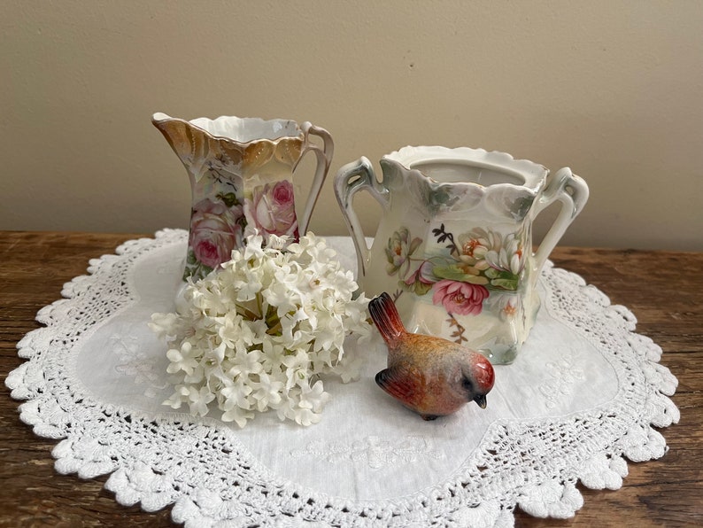 Vintage Mismatched Porcelain Cream and Sugar Set Pink White Rose Floral