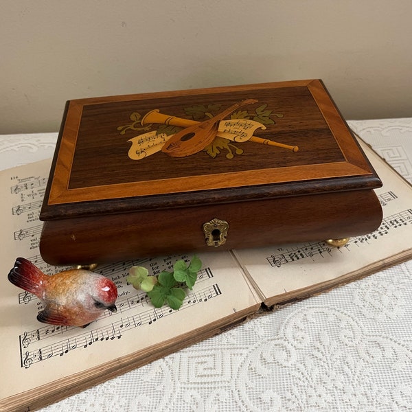 Vintage Handcrafted Sorrento Italy Inlay Music Box / Jewelry Box - Reuge 28 Note Love Story Theme and Edelweiss Swiss Musical Movement