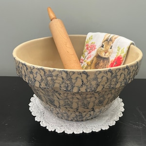 Vintage 14&quot; Mixing Bowl Dough Bowl Serving Bowl- RRP Co Robinson Ransbottom Pottery Co Made in Roseville Ohio  Blue Spongeware Splatterware