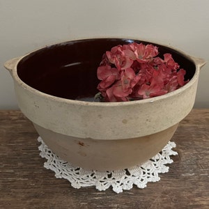 Brown Glazed and Tan Stoneware Mixing Serving Bowl - Primitive Farmhouse Country Rustic Kitchen Décor
