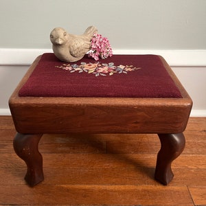 Antique Needlepoint Seat Cover Stool - Vintage Covered Small Stool - Vintage Needlepoint