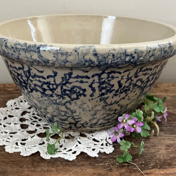 Vintage 10" RRP Co Mixing Bowl - Robinson Ransbottom Pottery Co Made in Roseville Ohio Cobalt Blue Spongeware 10 Inch Mixing Serving Bowl