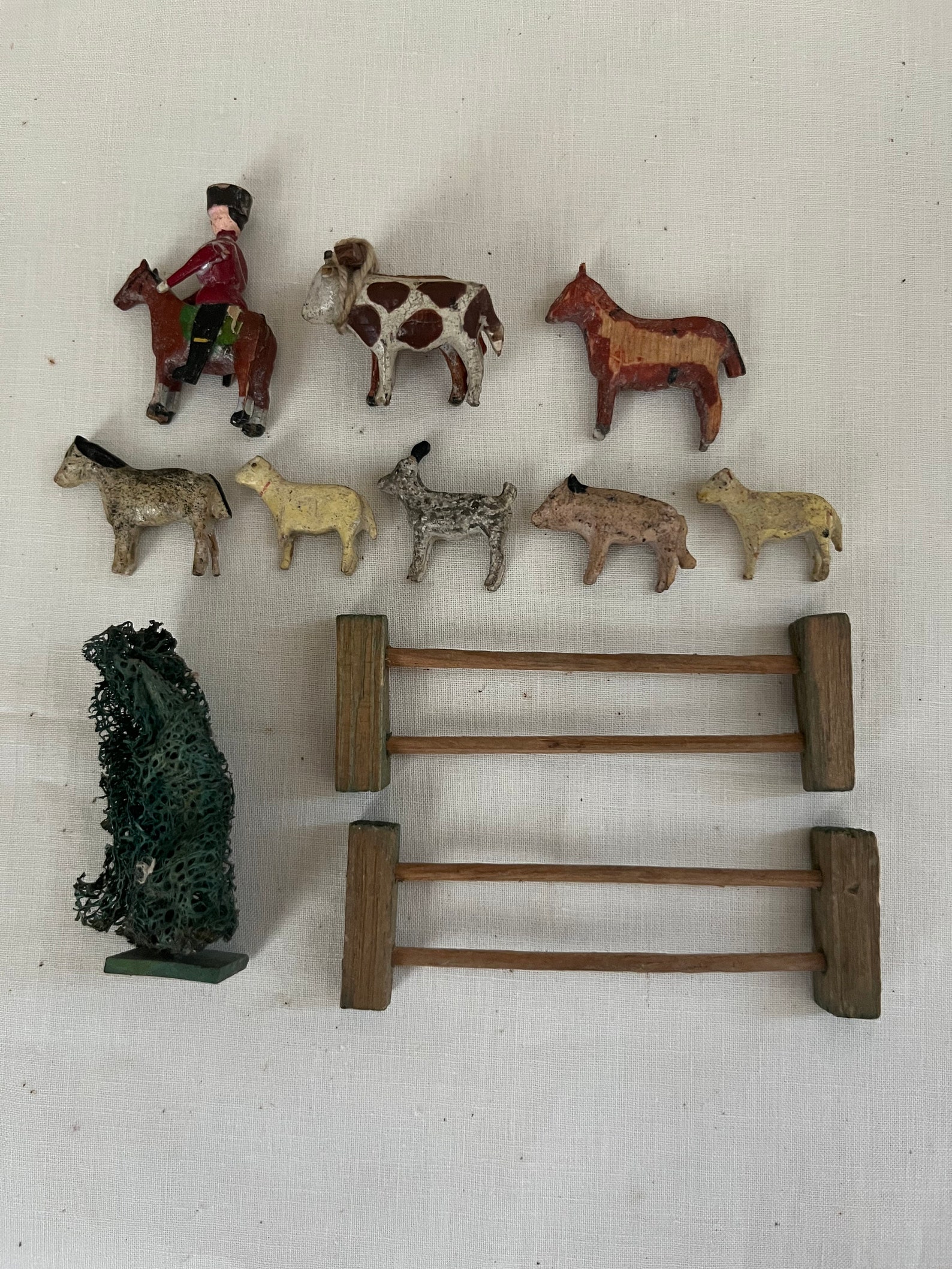 12 Vintage German Erzgebirge - 8 Animals + Man on Horse Tree 2 Fence Christmas Putz Handmade Toys