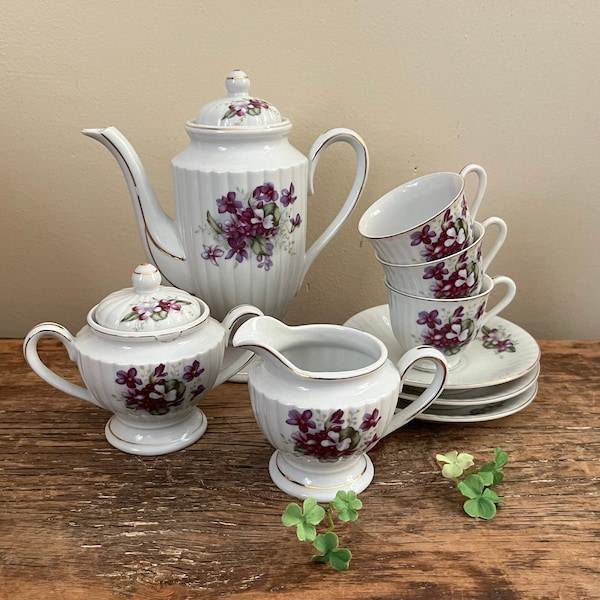 Vintage Floral Violet Miniature Tea Set - Retro Tea Set Made in Japan - Tea Pot Creamer Sugar Bowl Tea Cup & Saucer