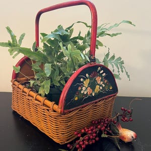 Hand Painted Folk Art Basket - Unique Vintage Wicker Basket w/ Hand Painted Wood Side Panels