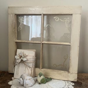 Vintage Stenciled 4 Pane Window: Antiqued Beige Architectural Salvage