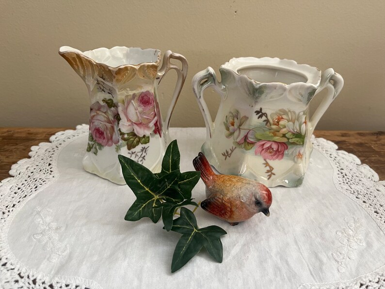 Vintage Mismatched Porcelain Cream and Sugar Set Pink White Rose Floral