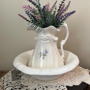 Ironstone Pitcher & Wash Basin - Simple White Pitcher and Bowl with Flower and Pearl Motif  Simple Cottage Style Farmhouse Shabby Décor