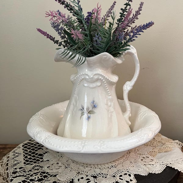Ironstone Pitcher & Wash Basin - Simple White Pitcher and Bowl with Flower and Pearl Motif  Simple Cottage Style Farmhouse Shabby Décor