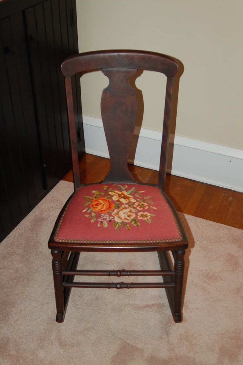 Antique Rocking Chair With Needlepoint Seat Shabby Chic Cottage