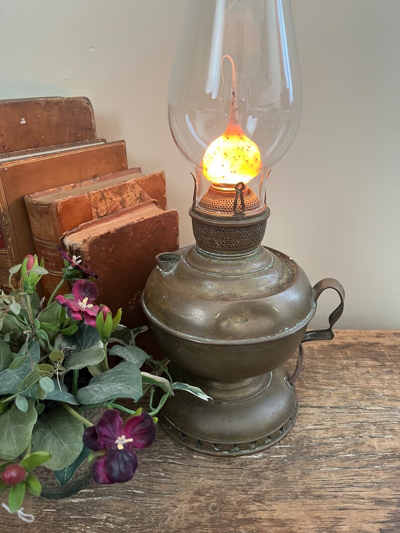 Vintage Brass Oil Lamp Millers Vestal Co Primitive Electric Antique