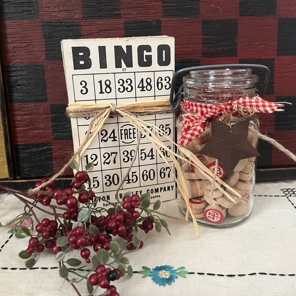 Vintage Bingo Game Cards Wood Numbers and Card Markers - Vintage Bingo Cards and Jar Filled with Wood Bingo Playing Pieces - Milton Bradley