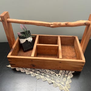 Primitive Wood Tote Box - Farmhouse Caddy - Handmade Tote - Display or Storage Box Wood Branch Handle Pine 4 Section Tote Caddy