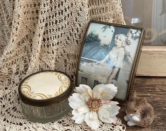 Vintage 2 pc Vanity Set - Brass and Glass Domed Casket w/ Victorian Beauty Plus Art Deco Glass Powder Jar - Jewelry Trinket Box and Jar