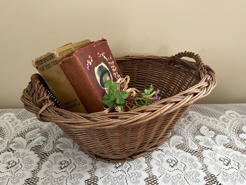 Vintage Basket Gathering Basket Farmers Market Basket Old Reed Wicker