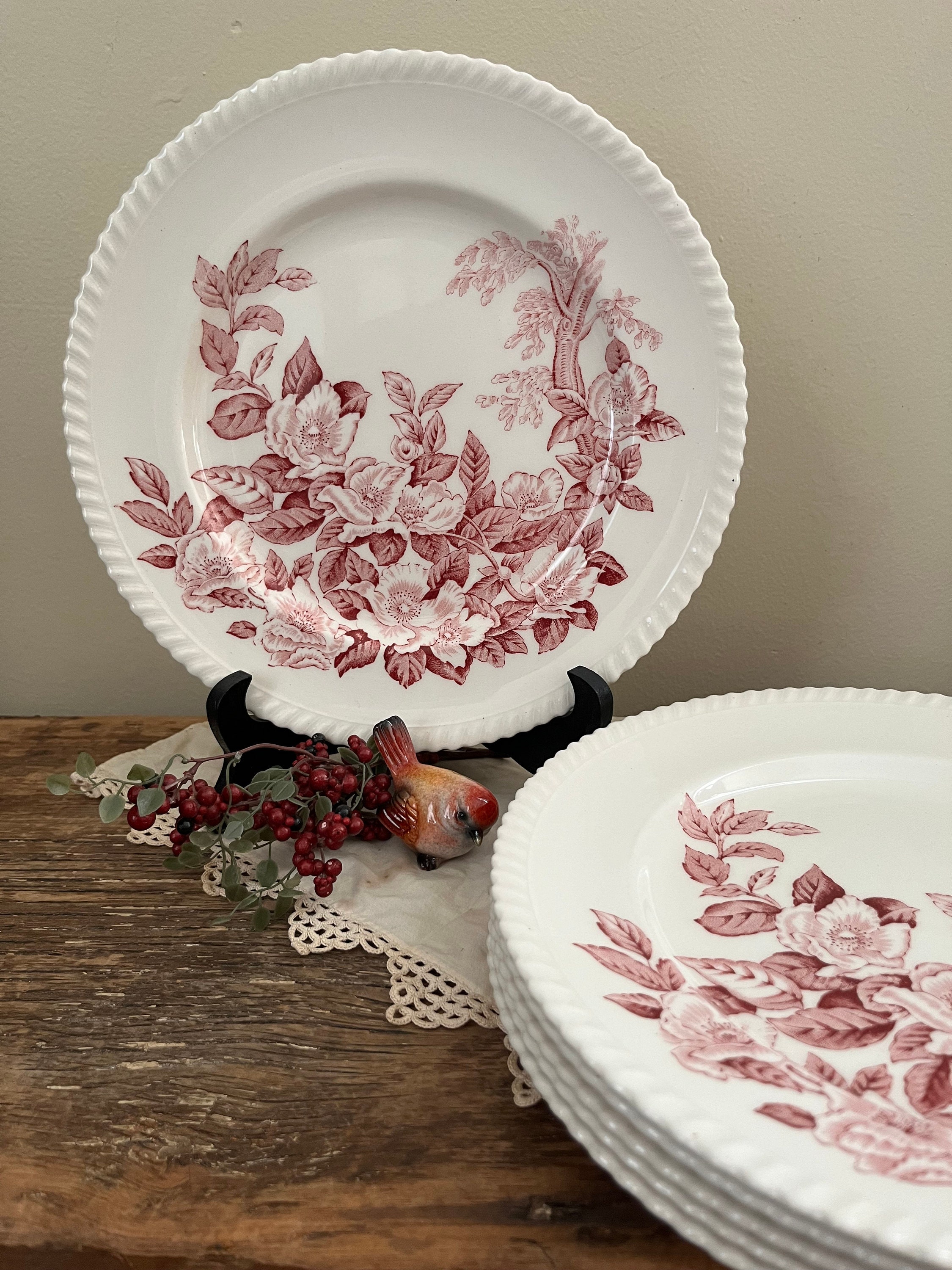 Vintage Johnson Bros Windsor Ware Apple Blossom - Set of 6 Red and