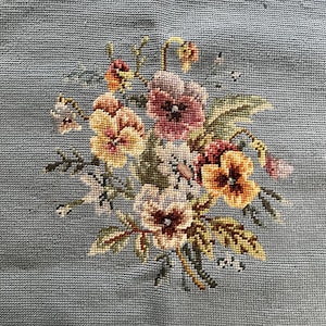 Antique Floral Needlepoint Seat Cover - Stool Cover - Needlepoint Pillow - Framed Needlepoint Pansies