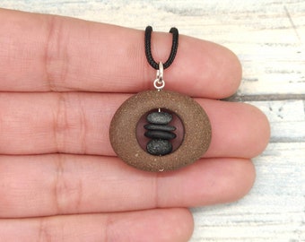 Natural Stone Cairn Necklace, beach pebble art, meditation rocks jewelry, zen rock pendant