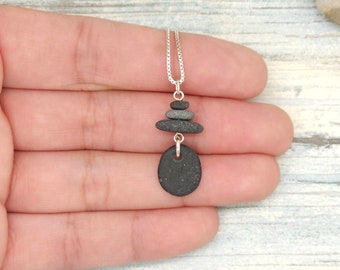 Stacked Stone Cairn Necklace, sterling silver chain, stacked stones with dangle, dainty rock pendant