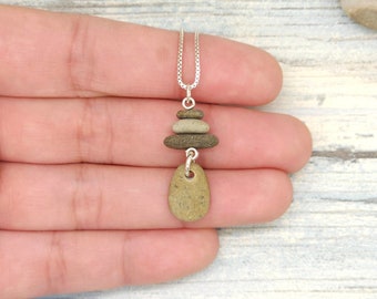 Stacked Stone Cairn Necklace, sterling silver chain, stacked stones with dangle, dainty rock pendant