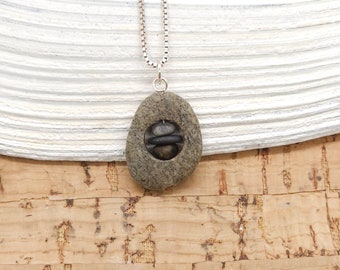 Mini Stone within Stone Cairn Necklace, sterling silver chain, dainty rock pendant