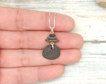 Stacked Stone Cairn Necklace, sterling silver chain, stacked stones with dangle, dainty rock pendant