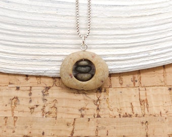 Mini Stone within Stone Cairn Necklace, sterling silver chain, dainty rock pendant