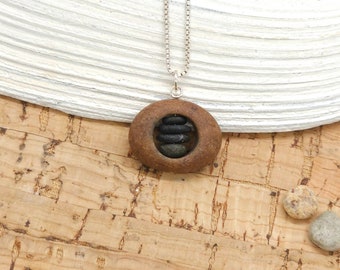 Mini Stone within Stone Cairn Necklace, sterling silver chain, dainty rock pendant