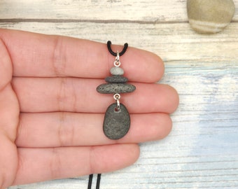 Stacked Stone Cairn Necklace, stacked stones with dangle, adjustable cord