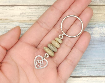 Stacked Stone with Heart Pawprint Charm Keychain, beach rock cairn keychain, minimalist key chain, boho zipper pull, gift for friend