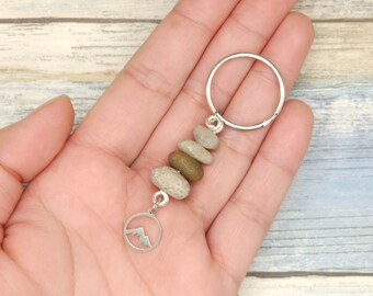 Stacked Stone with Mountain Charm Keychain, beach rock cairn keychain, minimalist key chain, boho zipper pull, gift for friend
