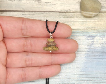 Beach Stone Necklace, simple minimalist necklace, three stone pendant, boho necklace, pebble cairn pendant