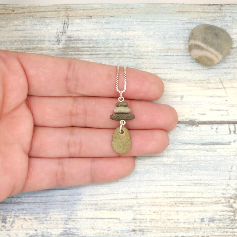 Stacked Stone Cairn Necklace, sterling silver chain, stacked stones with dangle, dainty rock pendant image 1