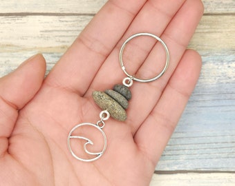 Stacked Stone with Wave Charm Keychain, beach rock cairn keychain, minimalist key chain, boho zipper pull, gift for friend