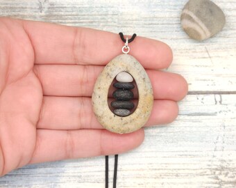 Stone within Stone Teardrop Pendant, sterling silver components, adjustable cord necklace