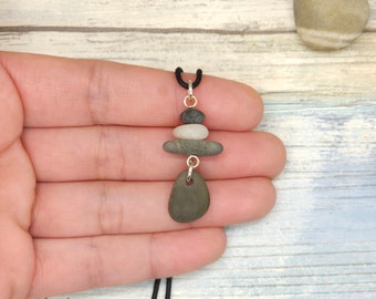Stacked Stone Cairn Necklace, stacked stones with dangle, adjustable cord