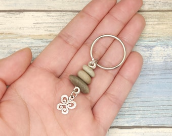 Stacked Stone with Butterfly Charm Keychain, beach rock cairn keychain, minimalist key chain, boho zipper pull, gift for friend