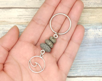 Stacked Stone with Wave Charm Keychain, beach rock cairn keychain, minimalist key chain, boho zipper pull, gift for friend