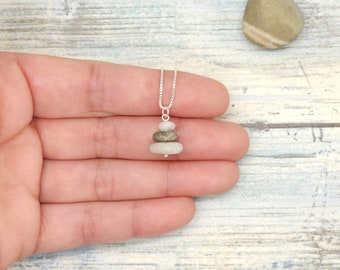 Mini Stone Cairn Necklace, sterling silver chain, dainty rock pendant