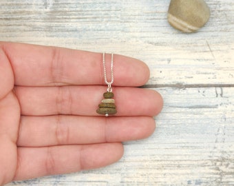 Mini Stone Cairn Necklace, sterling silver chain, dainty rock pendant