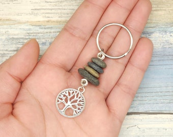 Stacked Stone with Tree Charm Keychain, beach rock cairn keychain, minimalist key chain, boho zipper pull, gift for friend