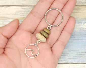 Stacked Stone with Wave Charm Keychain, beach rock cairn keychain, minimalist key chain, boho zipper pull, gift for friend