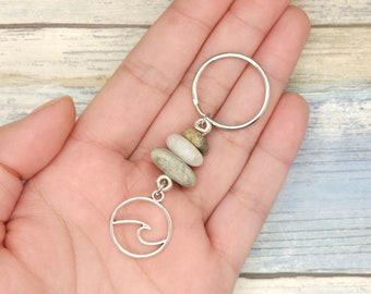 Stacked Stone with Wave Charm Keychain, beach rock cairn keychain, minimalist key chain, boho zipper pull, gift for friend