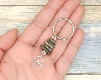 Stacked Stone with Mountain Charm Keychain, beach rock cairn keychain, minimalist key chain, boho zipper pull, gift for friend