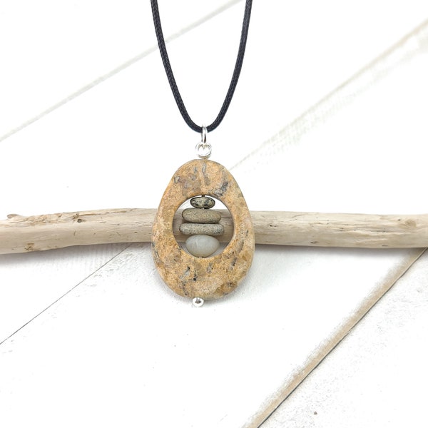 Natural Stone Necklace, Rock Cairn Pendant, beach pebble art jewelry, fidget necklace, handmade stone jewelry