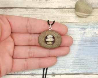 Natural Stone Cairn Necklace, beach pebble art, meditation rocks jewelry, zen rock pendant