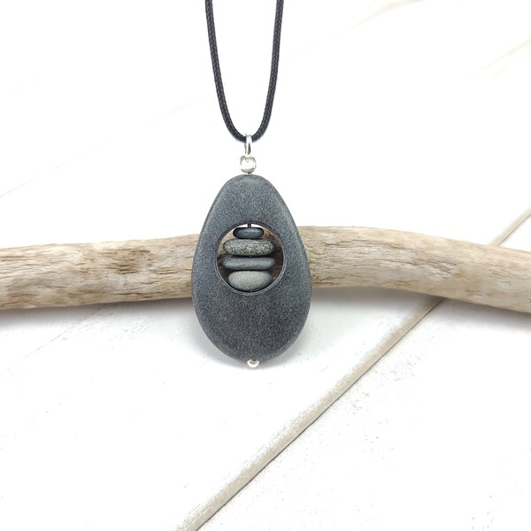 Natural Stone Necklace, Rock Cairn Pendant, beach pebble art jewelry