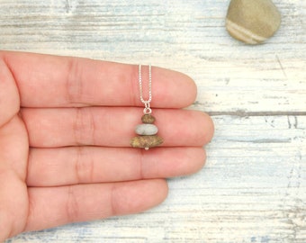 Mini Stone Cairn Necklace, sterling silver chain, dainty rock pendant