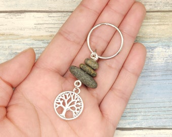 Stacked Stone with Tree Charm Keychain, beach rock cairn keychain, minimalist key chain, boho zipper pull, gift for friend